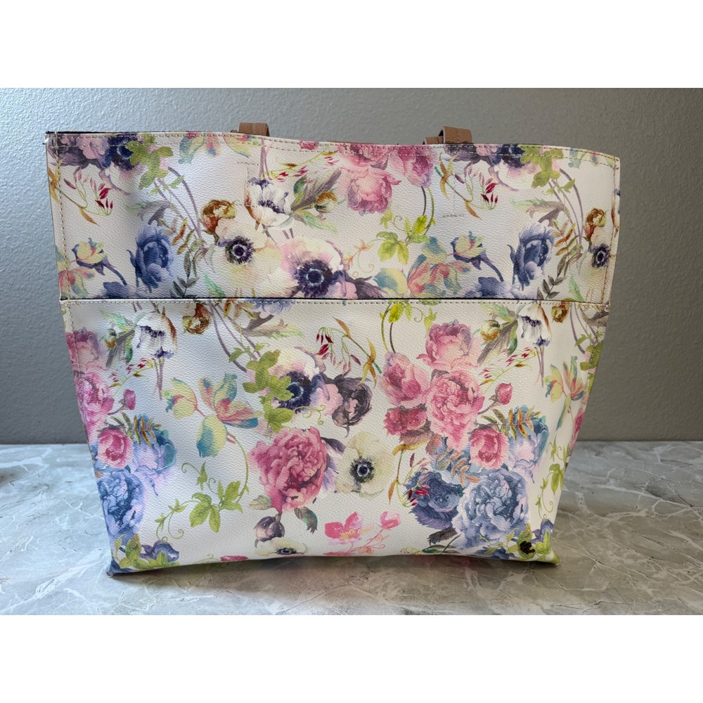 Elliott Lucca Delphine Floral Tote Bag White Pink Blue Faux Leather Shoulder Bag